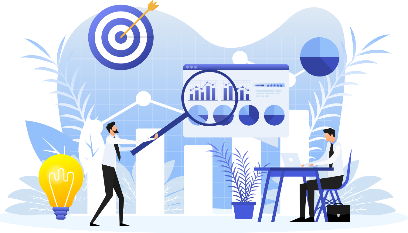 Illustration of two people analyzing tracking data on a dashboard with charts and graphs, a magnifying glass over analytics, and a target symbol